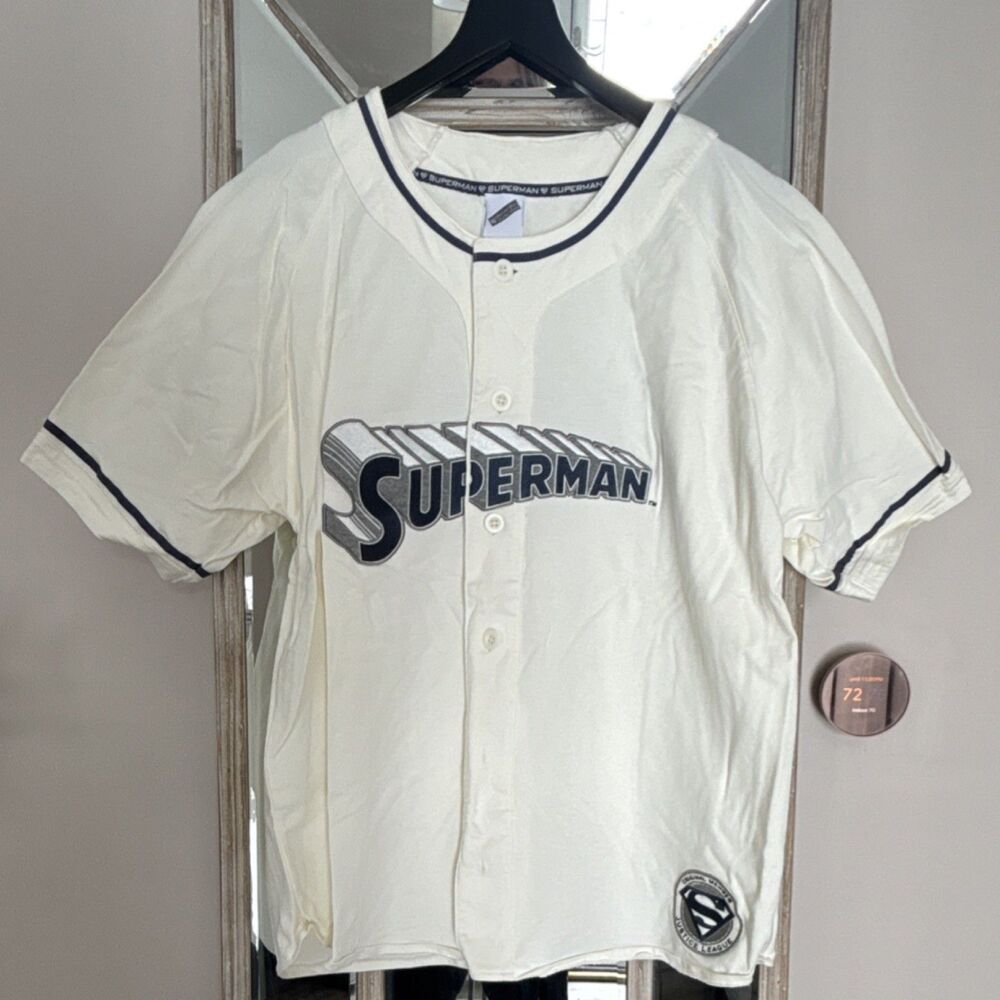 Warner Bros. Superman Justice League Graphic Button-Up Jersey Shirt Cream/Navy L
